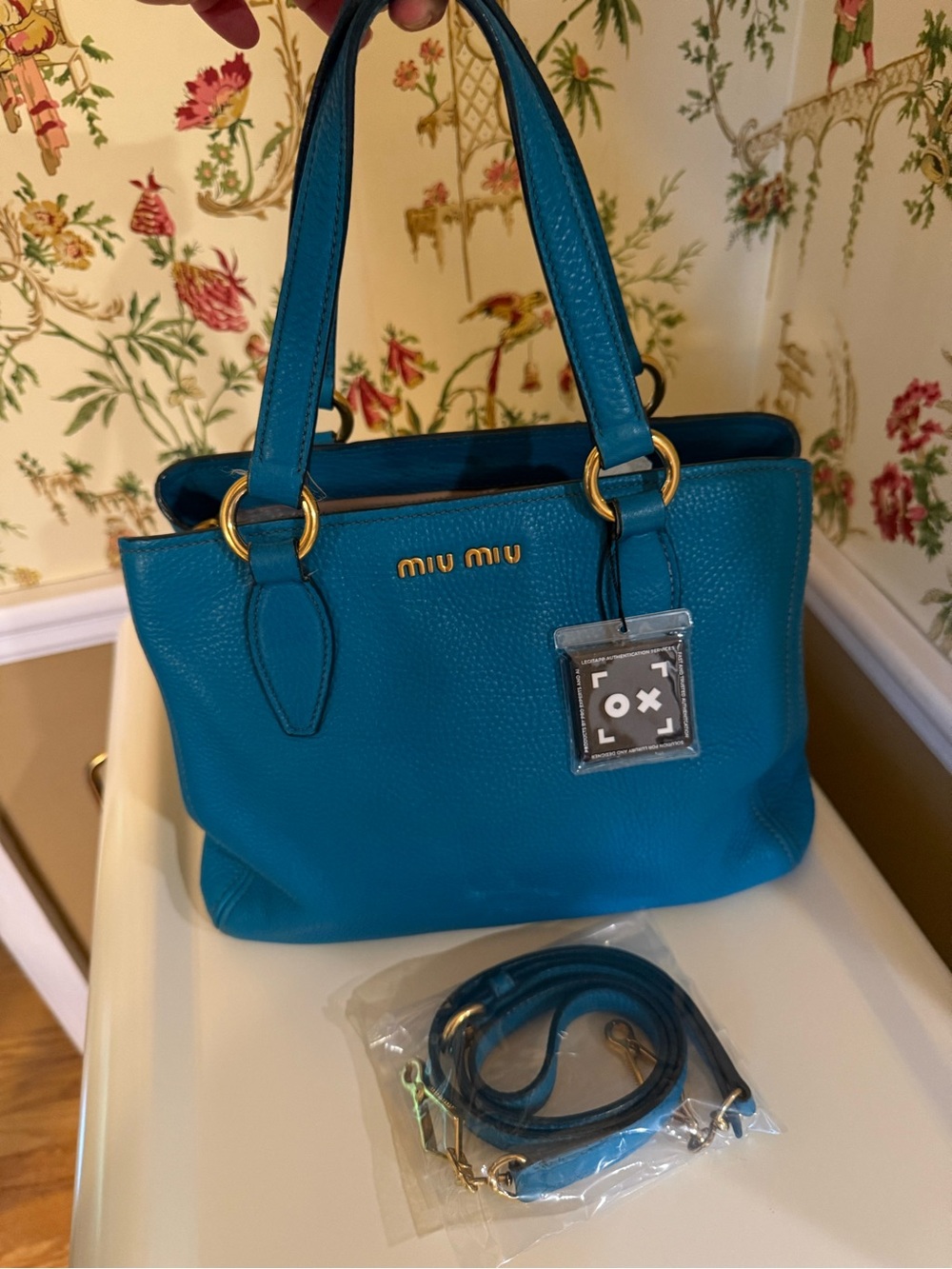 Miu Miu Teal Pebbled Leather Satchel with Crossbody Strap